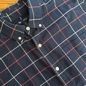 GAP Men's Standard Fit Plaid Button Down Shirt Long Sleeve Navy‎ Red White